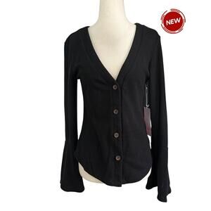Fashion On Earth Black Ribbed V-neck Cardigan Women's Top Size Small NWT 72-29-2